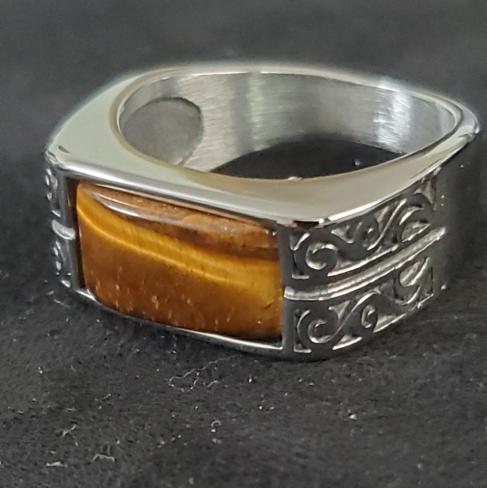 Men's Yellow Tiger's Eye Stainless steel Ring - Picture 3 of 7